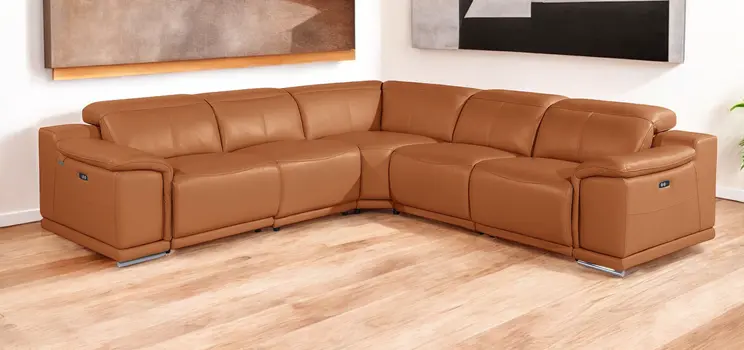 Camel Italian Leather Modular L Shaped Five Piece Corner Sectional