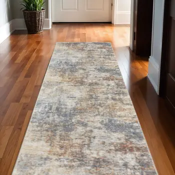 12' Ivory Blue And Brown Abstract Distressed Runner Rug