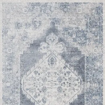 5' X 7' Blue and Ivory Abstract Power Loom Washable Area Rug