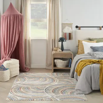 7' X 9' Blue And Ivory Abstract Washable Area Rug