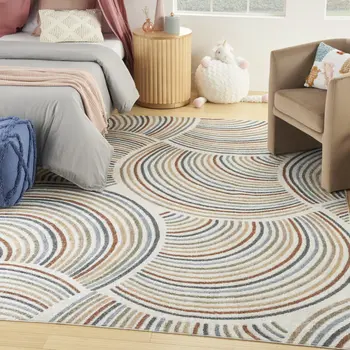 8' X 10' Blue and Ivory Abstract Power Loom Washable Area Rug