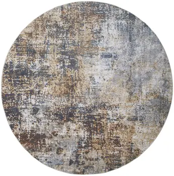 8' Tan Ivory And Black Abstract Distressed Washable Round Rug