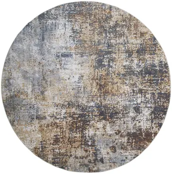 8' Tan Ivory And Black Abstract Distressed Washable Round Rug