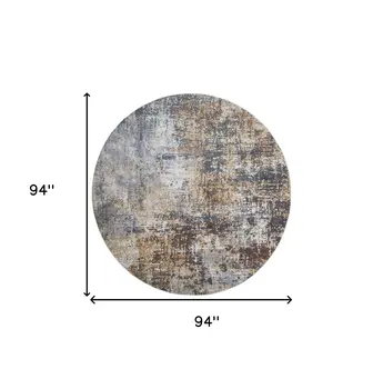 8' Tan Ivory And Black Abstract Distressed Washable Round Rug