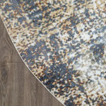 8' Tan Ivory And Black Abstract Distressed Washable Round Rug