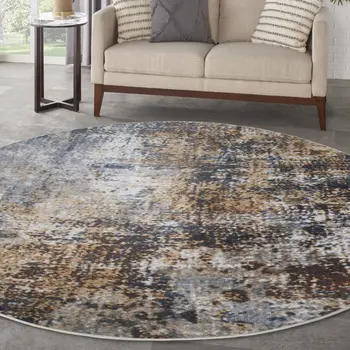 8' Tan Ivory And Black Abstract Distressed Washable Round Rug