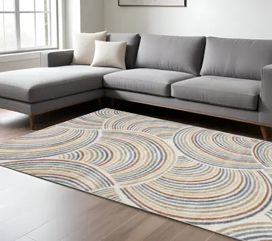 9' X 12' Ivory Blue And Brown Abstract Washable Area Rug