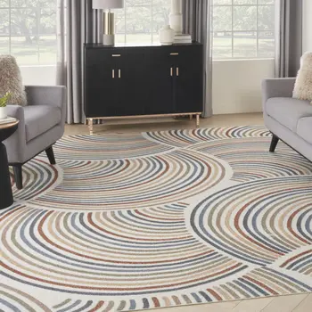 9' X 12' Ivory Blue And Brown Geometric Washable Area Rug