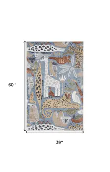 3' X 5' Ivory Blue and Gray Kids Safar Animal Print Washable Area Rug