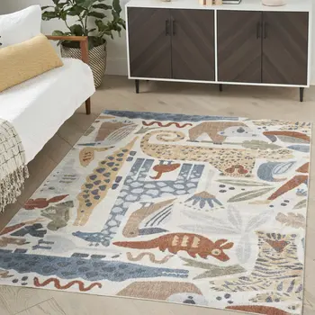5' X 7' Ivory Blue and Gray Animal Print Washable Area Rug