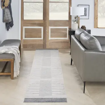 10' Blue And Ivory Geometric Washable Runner Rug