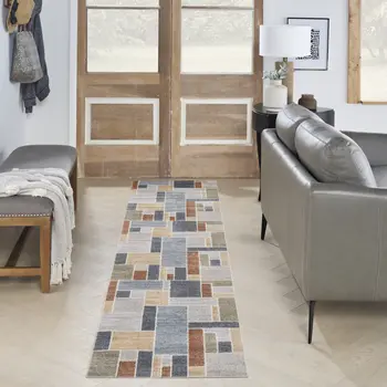 10' Blue And Green Geometric Washable Runner Rug