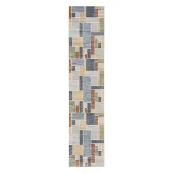 10' Blue And Green Geometric Washable Runner Rug