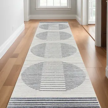 12' Blue And Ivory Geometric Washable Runner Rug