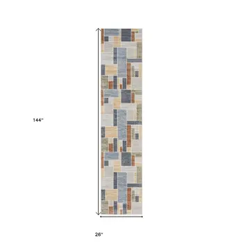 12' Blue And Green Geometric Washable Runner Rug