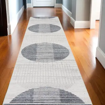 12' Blue And Ivory Geometric Washable Runner Rug