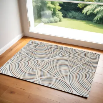 3' X 5' Blue and Ivory Geometric Power Loom Washable Area Rug