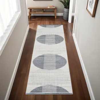 8' Ivory And Blue Geometric Washable Runner Rug