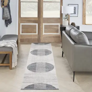 8' Ivory And Blue Geometric Washable Runner Rug