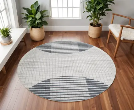 8' Blue And Ivory Geometric Washable Round Rug