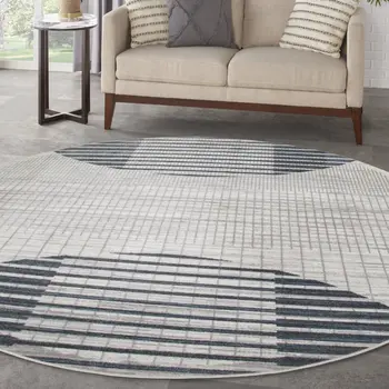 8' Blue And Ivory Geometric Washable Round Rug