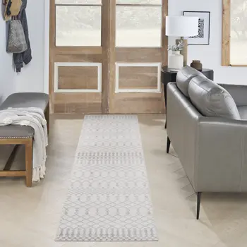 10' Gray And Ivory Moroccan Washable Runner Rug