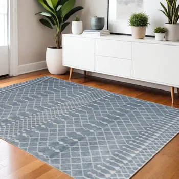 4' X 6' Blue And Ivory Moroccan Washable Area Rug