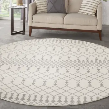 8' Gray And Ivory Moroccan Washable Round Rug