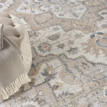 8' Gray Ivory And Blue Floral Medallion Distressed Washable Round Rug