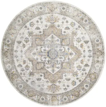 8' Gray Ivory And Blue Floral Medallion Distressed Washable Round Rug