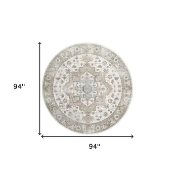 8' Gray Ivory And Blue Floral Medallion Distressed Washable Round Rug