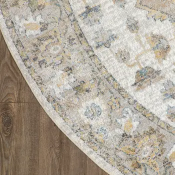 8' Gray Ivory And Blue Floral Medallion Distressed Washable Round Rug