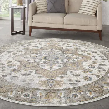 8' Gray Ivory And Blue Floral Medallion Distressed Washable Round Rug