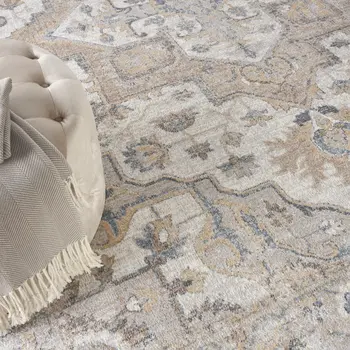 8' Gray Ivory And Blue Floral Medallion Distressed Washable Round Rug