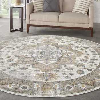 8' Gray Ivory And Blue Floral Medallion Distressed Washable Round Rug