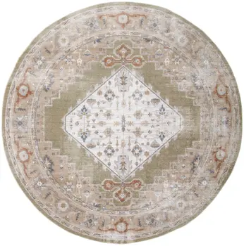 8' Sage And Ivory Floral Medallion Distressed Washable Round Rug