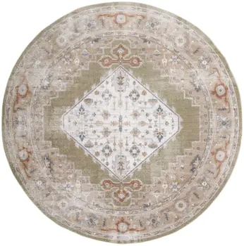 8' Sage And Ivory Floral Medallion Distressed Washable Round Rug