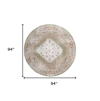 8' Sage And Ivory Floral Medallion Distressed Washable Round Rug