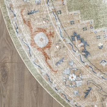 8' Sage And Ivory Floral Medallion Distressed Washable Round Rug