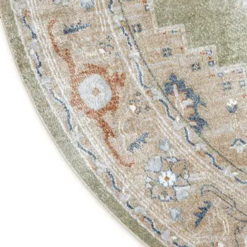 8' Sage And Ivory Floral Medallion Distressed Washable Round Rug
