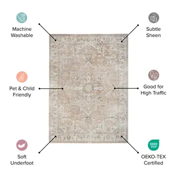 8' Sage And Ivory Floral Medallion Distressed Washable Round Rug
