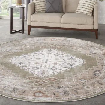8' Sage And Ivory Floral Medallion Distressed Washable Round Rug