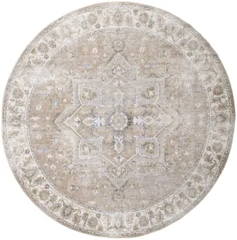 8' Beige Tan And Blue Floral Medallion Distressed Washable Round Rug