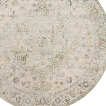 8' Beige Tan And Blue Floral Medallion Distressed Washable Round Rug