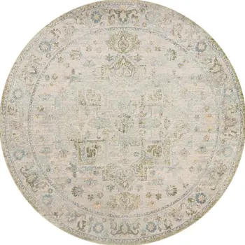 8' Beige Tan And Blue Floral Medallion Distressed Washable Round Rug
