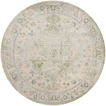 8' Beige Tan And Blue Floral Medallion Distressed Washable Round Rug