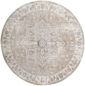 8' Beige Tan And Blue Floral Medallion Distressed Washable Round Rug