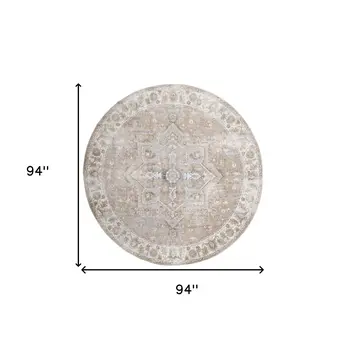 8' Beige Tan And Blue Floral Medallion Distressed Washable Round Rug