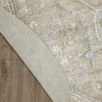 8' Beige Tan And Blue Floral Medallion Distressed Washable Round Rug