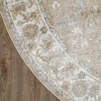 8' Beige Tan And Blue Floral Medallion Distressed Washable Round Rug